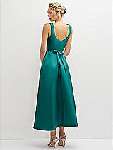 Rear View Thumbnail - Jade Square Neck Satin Midi Dress with Full Skirt & Flower Sash