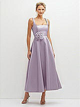 Front View Thumbnail - Lilac Haze Square Neck Satin Midi Dress with Full Skirt & Flower Sash