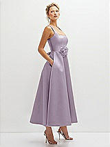 Side View Thumbnail - Lilac Haze Square Neck Satin Midi Dress with Full Skirt & Flower Sash