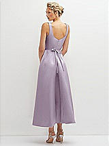 Rear View Thumbnail - Lilac Haze Square Neck Satin Midi Dress with Full Skirt & Flower Sash