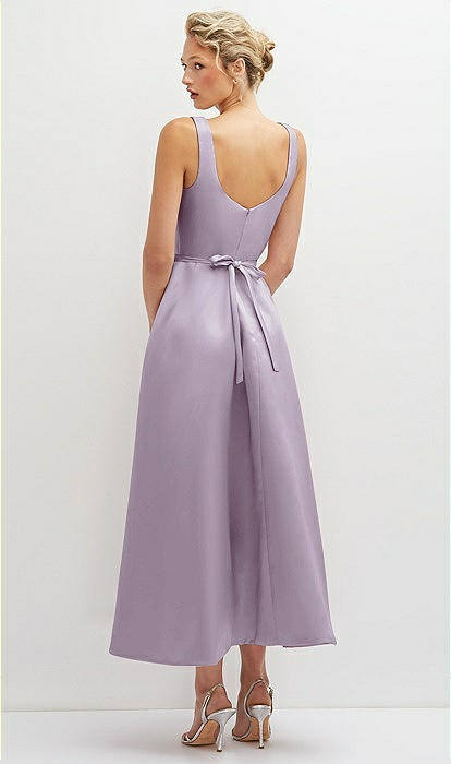 Square Neck Satin Midi Bridesmaid Dress With Full Skirt & Flower Sash In  Lilac Haze | The Dessy Group