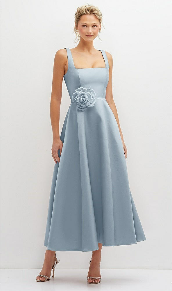 Front View - Mist Square Neck Satin Midi Dress with Full Skirt & Flower Sash