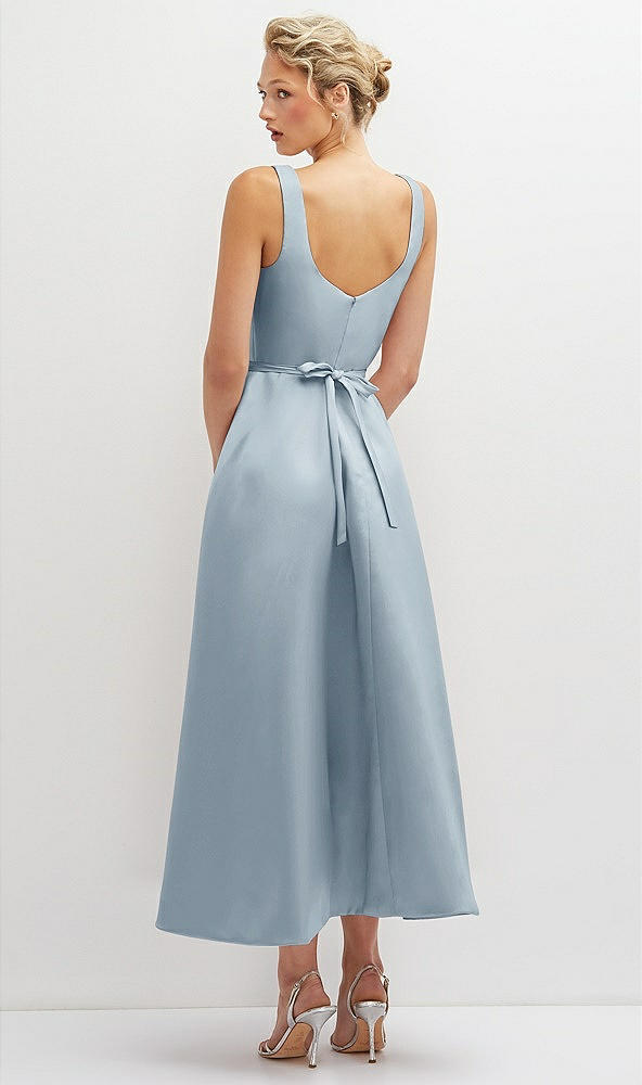 Back View - Mist Square Neck Satin Midi Dress with Full Skirt & Flower Sash