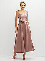 Front View Thumbnail - Neu Nude Square Neck Satin Midi Dress with Full Skirt & Flower Sash