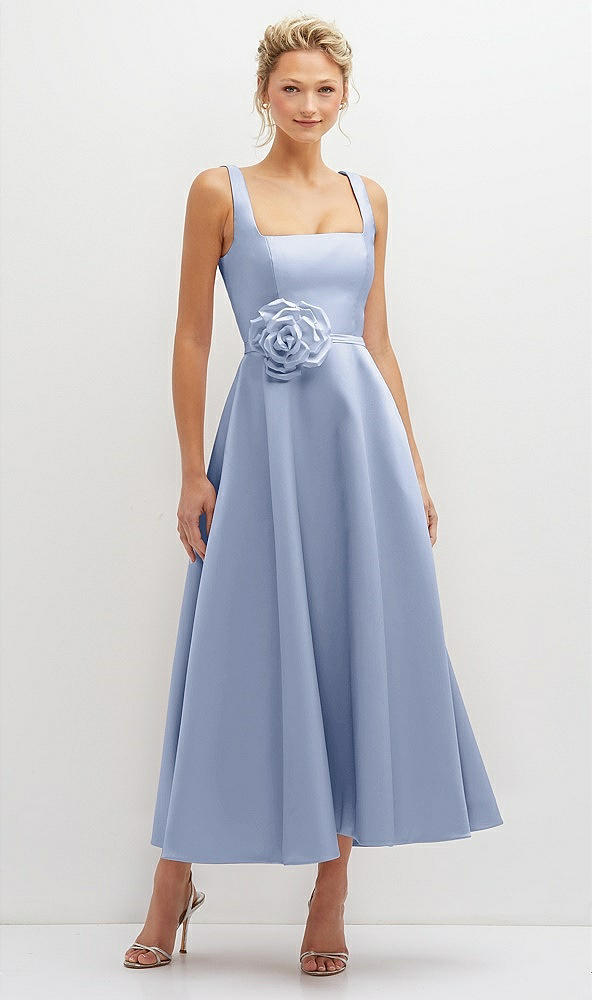 Front View - Sky Blue Square Neck Satin Midi Dress with Full Skirt & Flower Sash