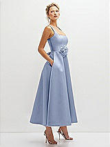 Side View Thumbnail - Sky Blue Square Neck Satin Midi Dress with Full Skirt & Flower Sash