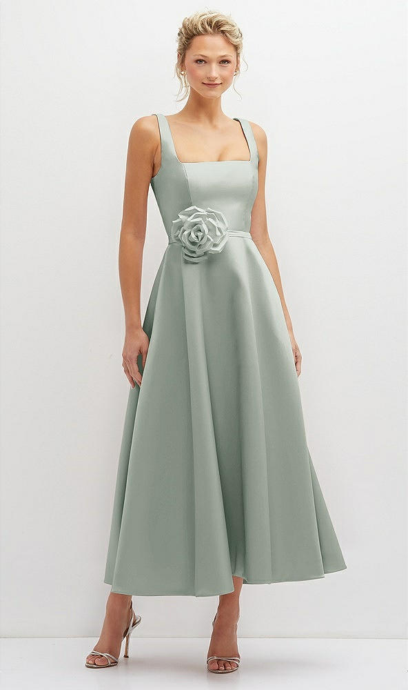 Front View - Willow Green Square Neck Satin Midi Dress with Full Skirt & Flower Sash