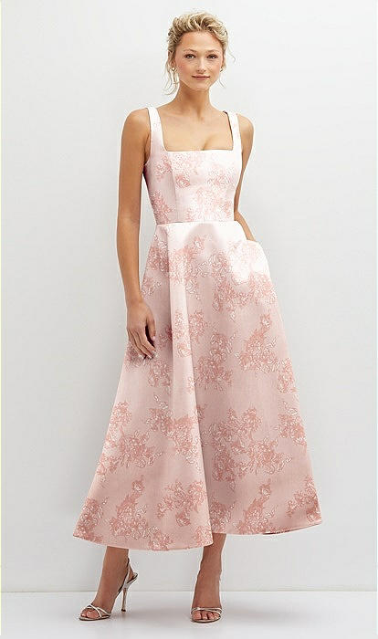 Floral Square Neck Satin Midi Bridesmaid Dress With Full Skirt & Pockets In  Bow And Blossom Print | The Dessy Group