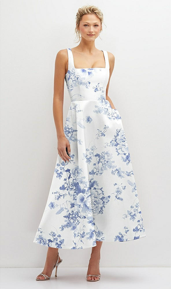 Front View - Cottage Rose Larkspur Floral Square Neck Satin Midi Dress with Full Skirt & Pockets