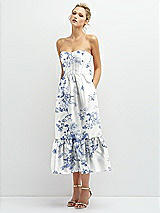 Alt View 1 Thumbnail - Cottage Rose Larkspur Floral Satin Strapless Midi Corset Dress with Lace-Up Back & Ruffle Hem