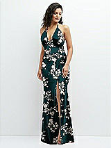 Front View Thumbnail - Vintage Primrose Evergreen Floral Plunge Halter Open-Back Maxi Bias Dress with Tie Back