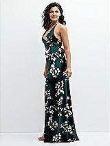 Side View Thumbnail - Vintage Primrose Evergreen Floral Plunge Halter Open-Back Maxi Bias Dress with Tie Back