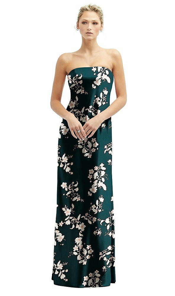 Front View - Vintage Primrose Evergreen Floral Strapless Maxi Bias Column Dress with Peek-a-Boo Corset Back