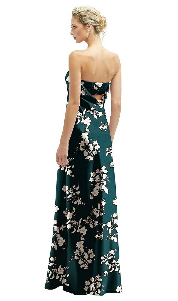 Back View - Vintage Primrose Evergreen Floral Strapless Maxi Bias Column Dress with Peek-a-Boo Corset Back