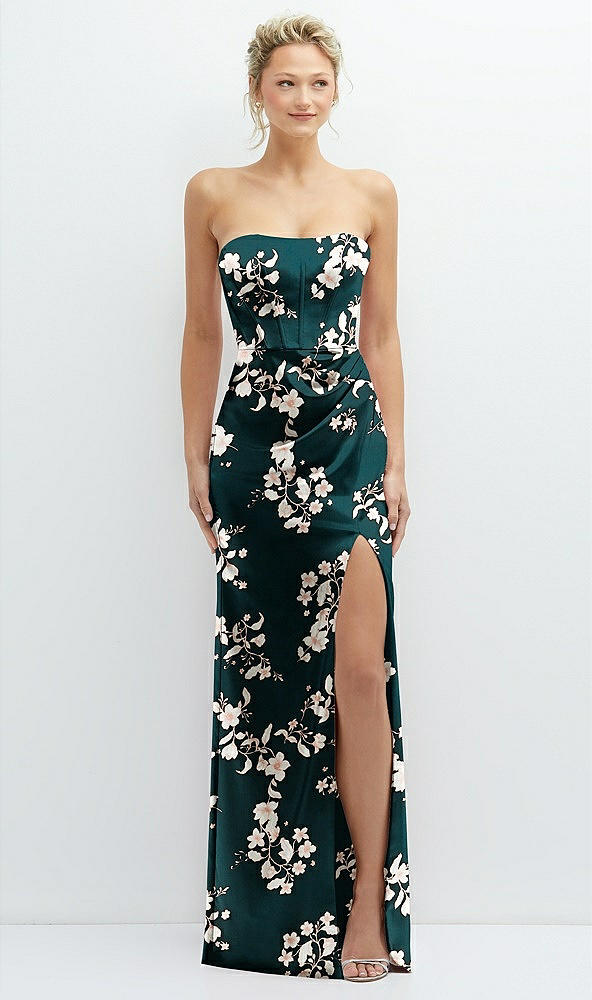 Front View - Vintage Primrose Evergreen Floral Strapless Topstitched Corset Satin Maxi Dress with Draped Column Skirt