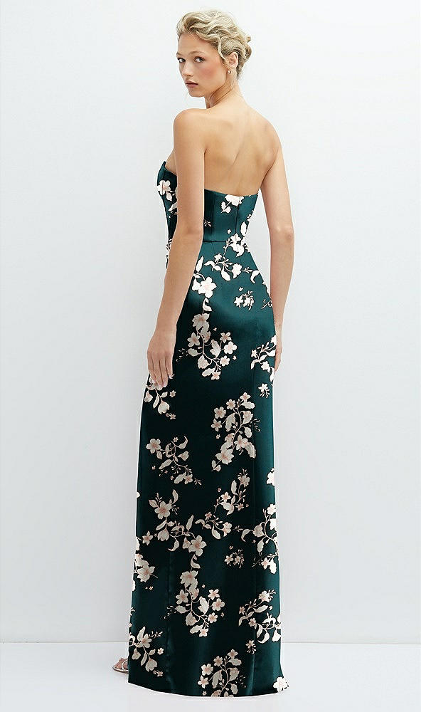 Back View - Vintage Primrose Evergreen Floral Strapless Topstitched Corset Satin Maxi Dress with Draped Column Skirt