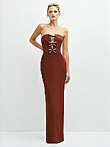 Front View Thumbnail - Auburn Moon Rhinestone Bow Trimmed Peek-a-Boo Deep-V Maxi Dress with Pencil Skirt