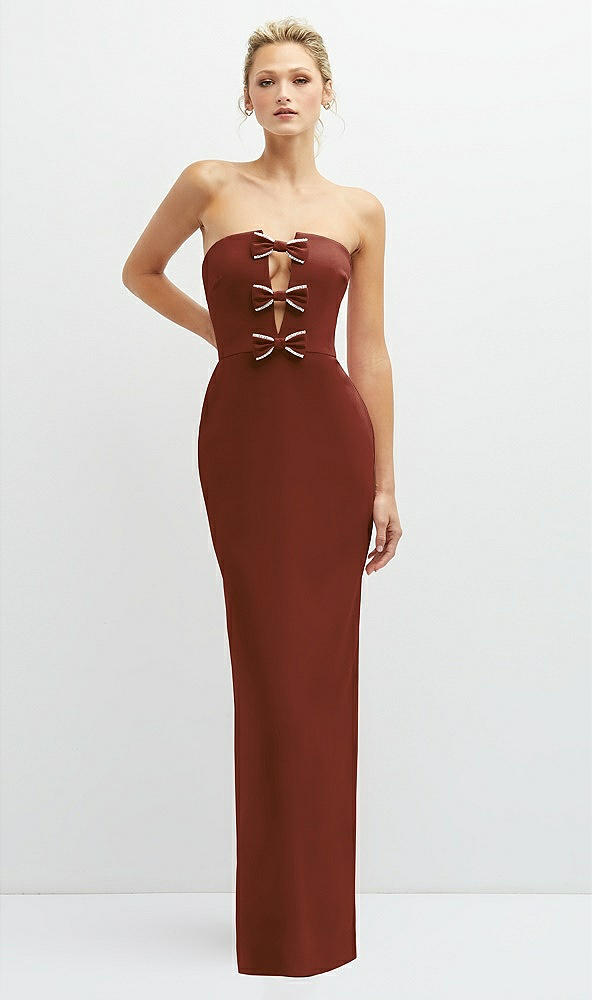 Front View - Auburn Moon Rhinestone Bow Trimmed Peek-a-Boo Deep-V Maxi Dress with Pencil Skirt