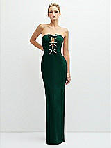 Front View Thumbnail - Hunter Green Rhinestone Bow Trimmed Peek-a-Boo Deep-V Maxi Dress with Pencil Skirt