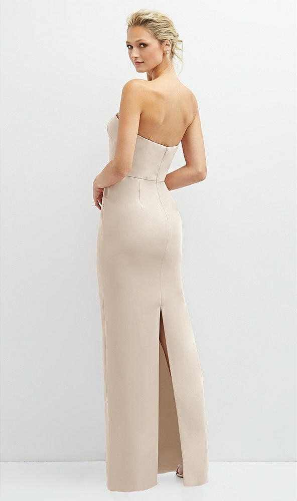 Back View - Oat Rhinestone Bow Trimmed Peek-a-Boo Deep-V Maxi Dress with Pencil Skirt