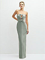 Front View Thumbnail - Willow Green Rhinestone Bow Trimmed Peek-a-Boo Deep-V Maxi Dress with Pencil Skirt