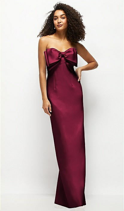 Strapless Satin Column Maxi Bridesmaid Dress With Oversized Handcrafted Bow  In Cabernet | The Dessy Group