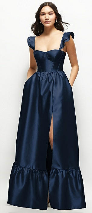 Satin Corset Maxi Dress with Ruffle Straps & Skirt