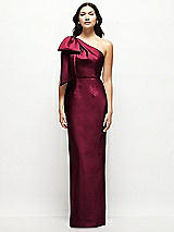 Front View Thumbnail - Cabernet Oversized Bow One-Shoulder Satin Column Maxi Dress