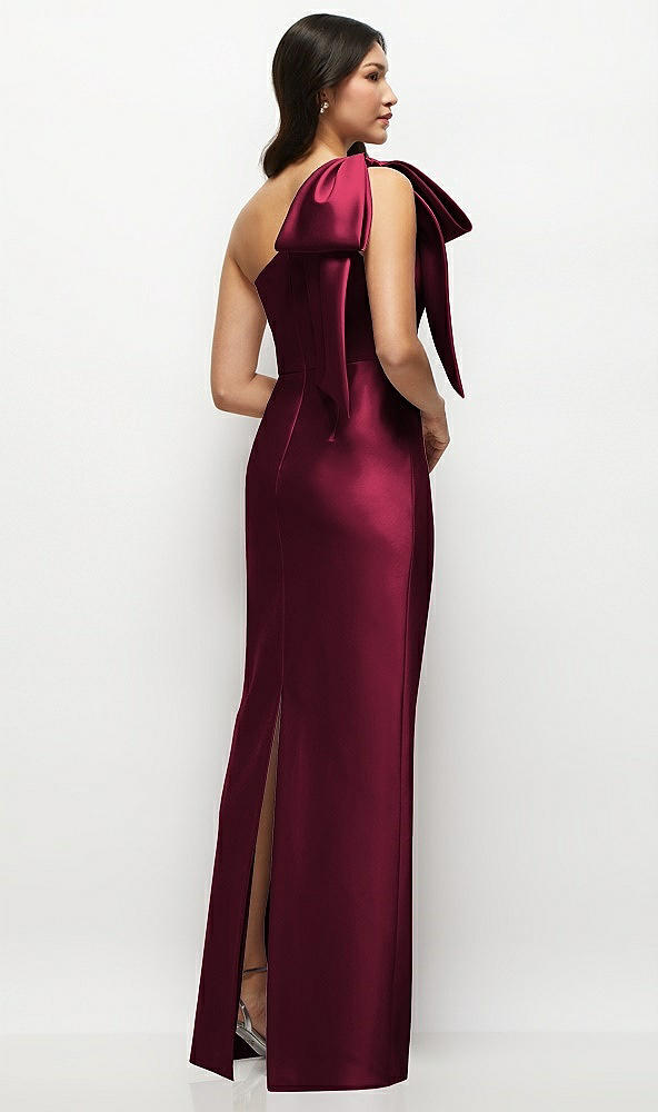 Back View - Cabernet Oversized Bow One-Shoulder Satin Column Maxi Dress