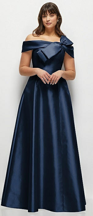 Asymmetrical Bow Off-Shoulder Satin Gown with Ballroom Skirt