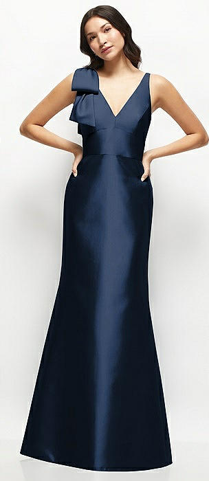 Deep V-back Satin Trumpet Dress with Cascading Bow at One Shoulder