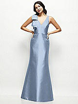 Front View Thumbnail - Cloudy Deep V-back Satin Trumpet Dress with Cascading Bow at One Shoulder
