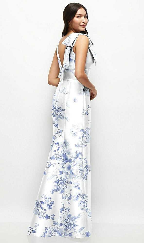 Back View - Cottage Rose Larkspur Deep V-back Floral Satin Trumpet Dress with One-Shoulder Cascading Bow