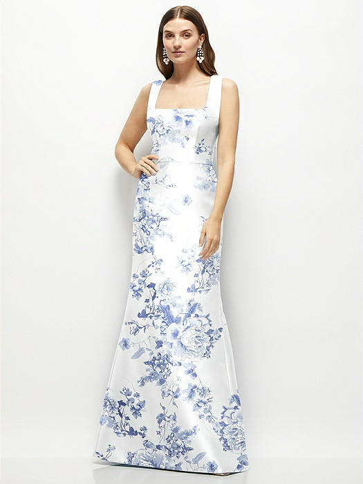 Floral Satin Square Neck Fit and Flare Maxi Dress