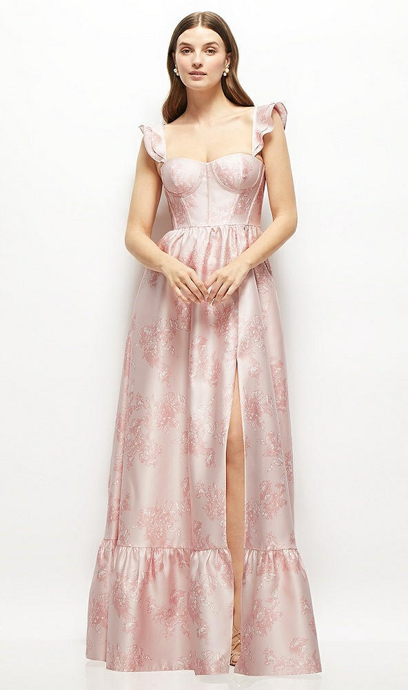 Front View - Bow And Blossom Print Floral Satin Corset Maxi Dress with Ruffle Straps & Skirt