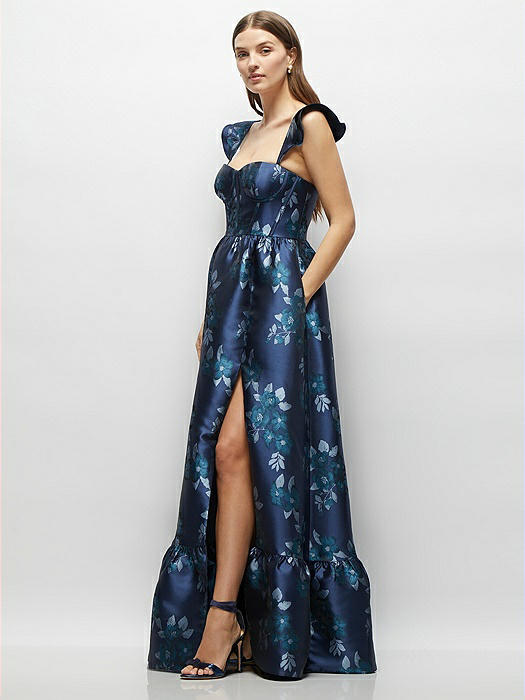Baroque Rose Damask Floral Corset Maxi Dress with Ruffle Straps & Skirt