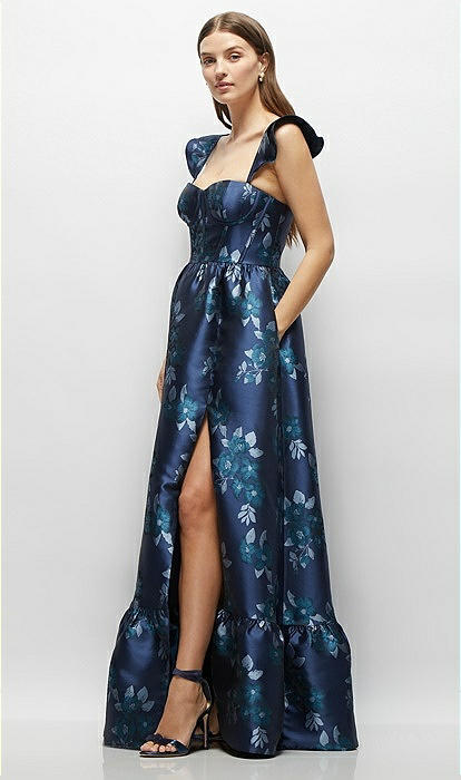 Baroque Rose Damask Floral Corset Maxi Bridesmaid Dress With Ruffle Straps  & Skirt In Midnight Navy Damask | The Dessy Group