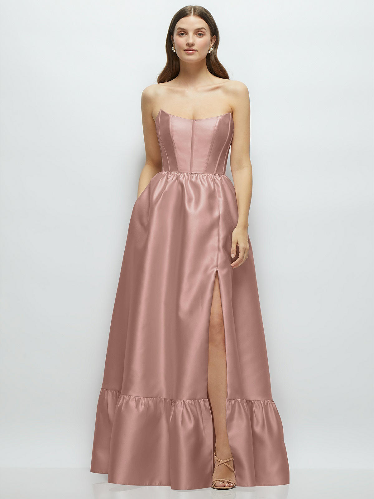 Strapless Cat-eye Boned Bodice Maxi Bridesmaid Dress With Ruffle Hem In Neu  Nude | The Dessy Group