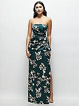 Front View Thumbnail - Vintage Primrose Evergreen Strapless Draped Skirt Floral Satin Maxi Dress with Cascade Ruffle