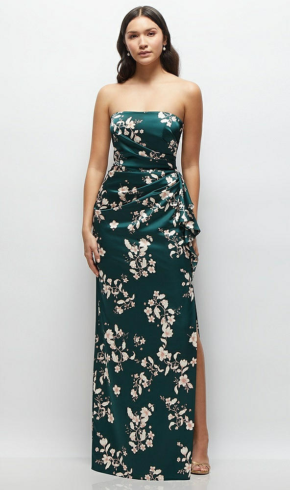 Front View - Vintage Primrose Evergreen Strapless Draped Skirt Floral Satin Maxi Dress with Cascade Ruffle