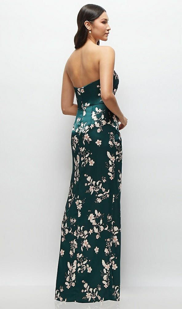 Back View - Vintage Primrose Evergreen Strapless Draped Skirt Floral Satin Maxi Dress with Cascade Ruffle