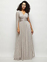 Alt View 1 Thumbnail - Metallic Taupe Streamer Sleeve Pleated Metallic Maxi Dress with Full Skirt