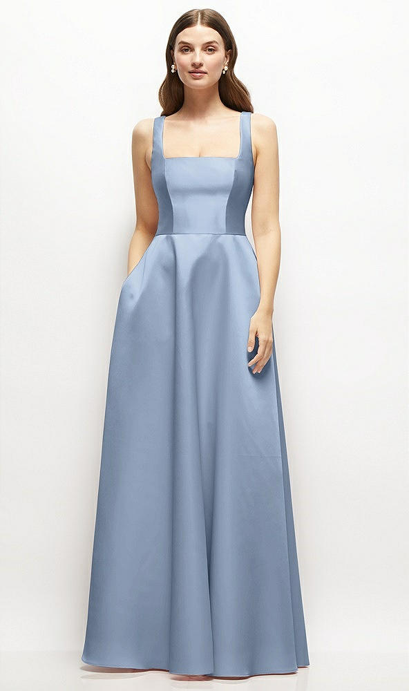 Front View - Cloudy Square-Neck Satin Maxi Dress with Full Skirt