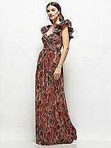 Dramatic Ruffle Edge Strap Fall Foral pleated Metallic Maxi Bridesmaid Dress  In Harvest Floral Print | The Dessy Group