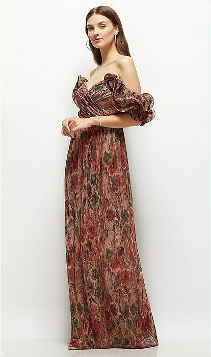 Dramatic Ruffle Edge Strap Fall Foral pleated Metallic Maxi Bridesmaid Dress  In Harvest Floral Print | The Dessy Group