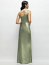 Rear View Thumbnail - Sage One-Shoulder Draped Cowl A-Line Satin Maxi Dress