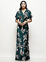 Alt View 1 Thumbnail - Vintage Primrose Evergreen Plunge Neck Kimono Sleeve Floral Satin Bias Maxi Dress