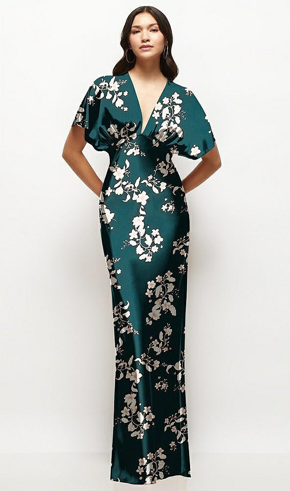 Front View - Vintage Primrose Evergreen Plunge Neck Kimono Sleeve Floral Satin Bias Maxi Dress