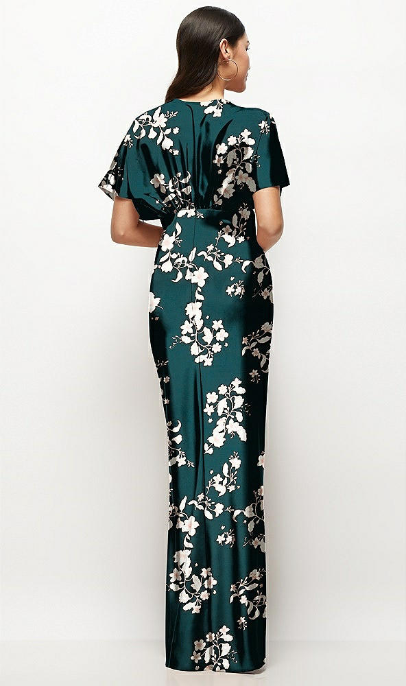 Back View - Vintage Primrose Evergreen Plunge Neck Kimono Sleeve Floral Satin Bias Maxi Dress