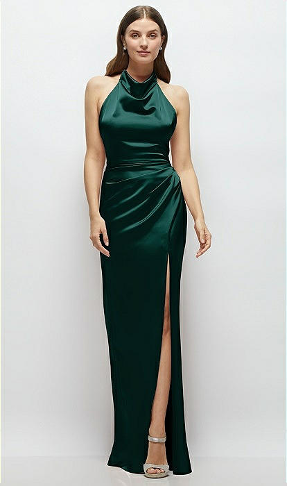 Cowl Halter Open-back Satin Maxi Bridesmaid Dress In Evergreen | The Dessy  Group